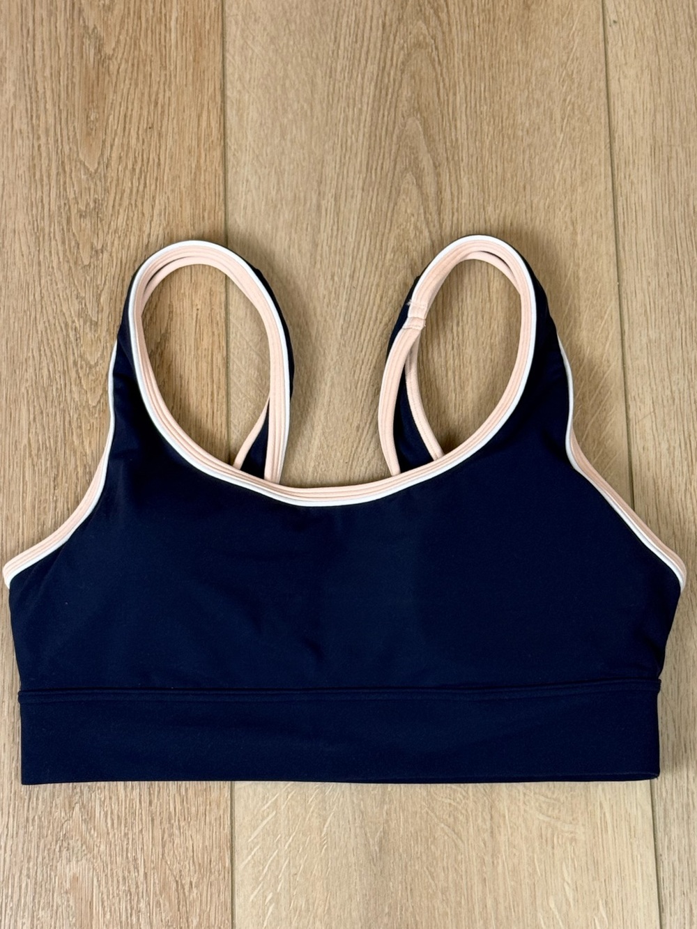 Athleta Breathe Longline Piping Bra Navy, Pink and White Size Medium